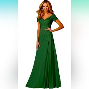 Hunter Green Evening Gown Lace Back Appliqués New